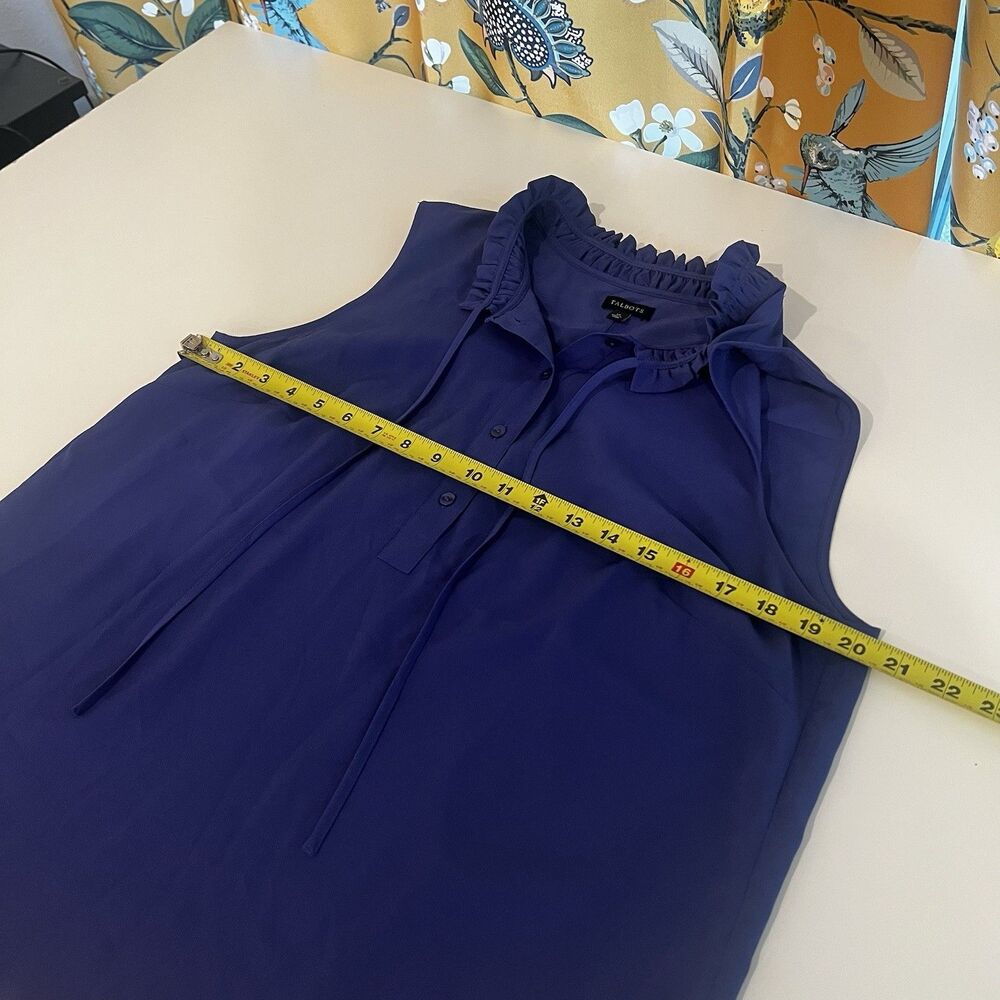 Talbots Blue Sleeveless Blouse Ruffle Trim And Tie Neck Sz 12 Office Work School - Picture 6 of 7